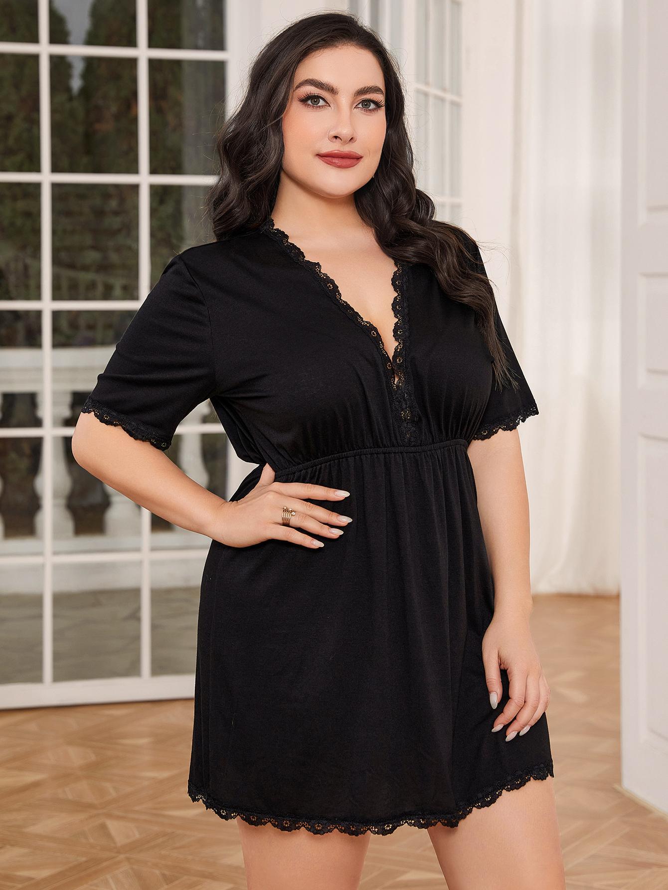 Plus Size Lace Trim Deep V Night Dress