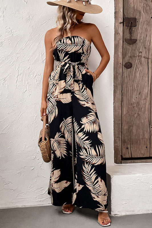 Perfee Printed Strapless Wide Leg Jumpsuit with Pockets