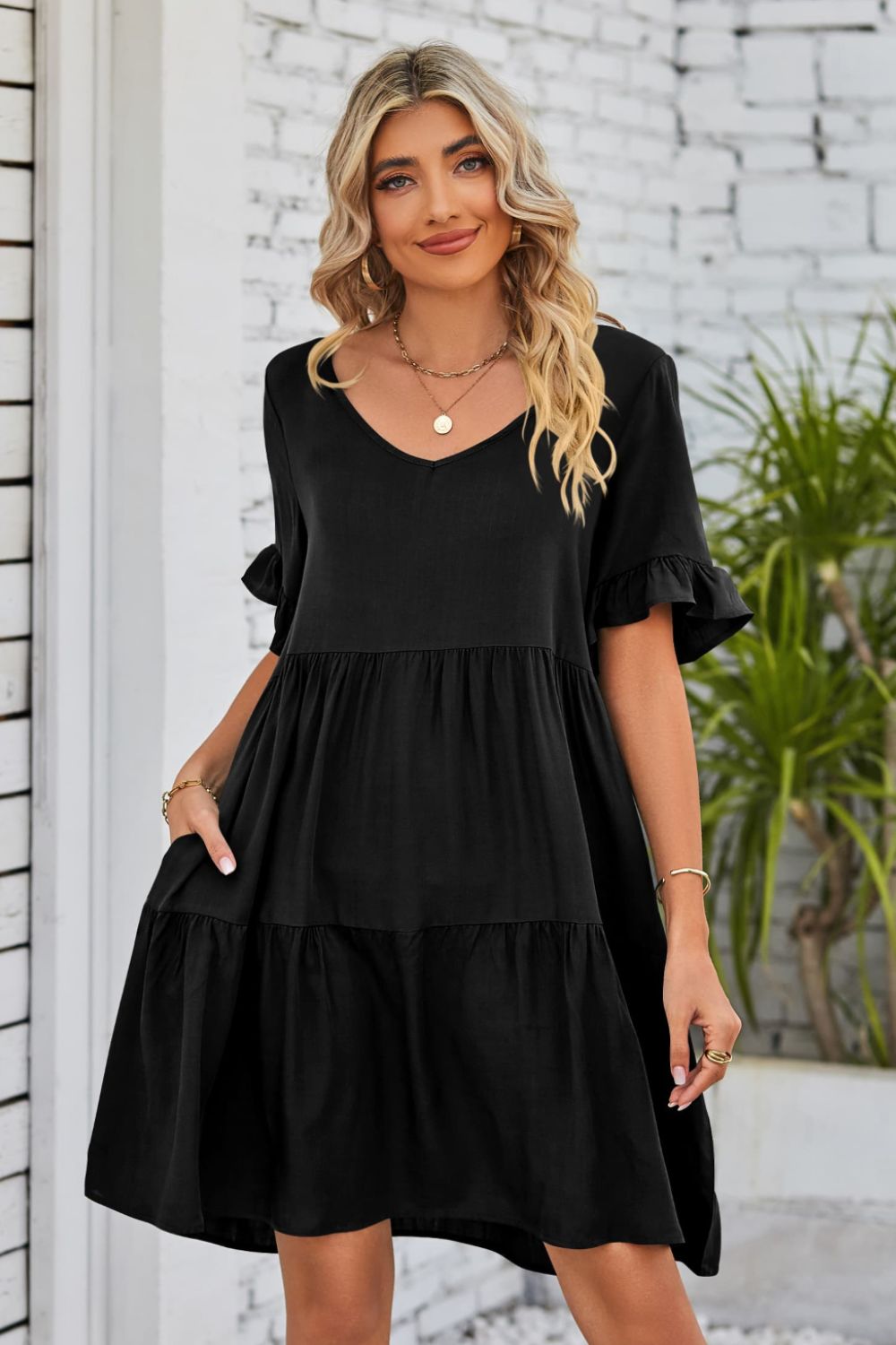 Mandy V-Neck Flounce Sleeve Tiered Dress